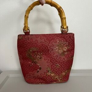 Talbots Tapestry Bamboo Handle Purse Pink Rose Floral Brocade VTG Asian Resort
